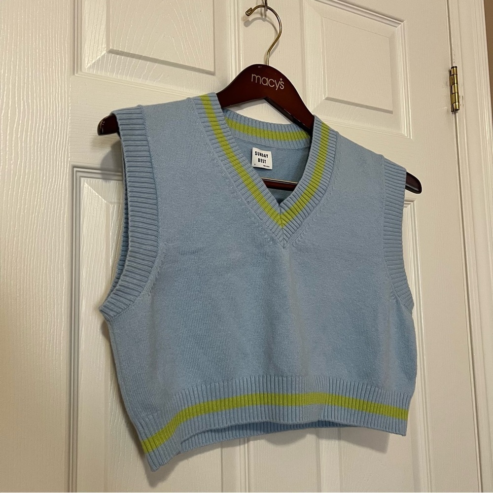 Aritzia Sunday Best Merino Wool Cotton Blue Green Knit Cropped Sweater Vest Sz S - Picture 5 of 13
